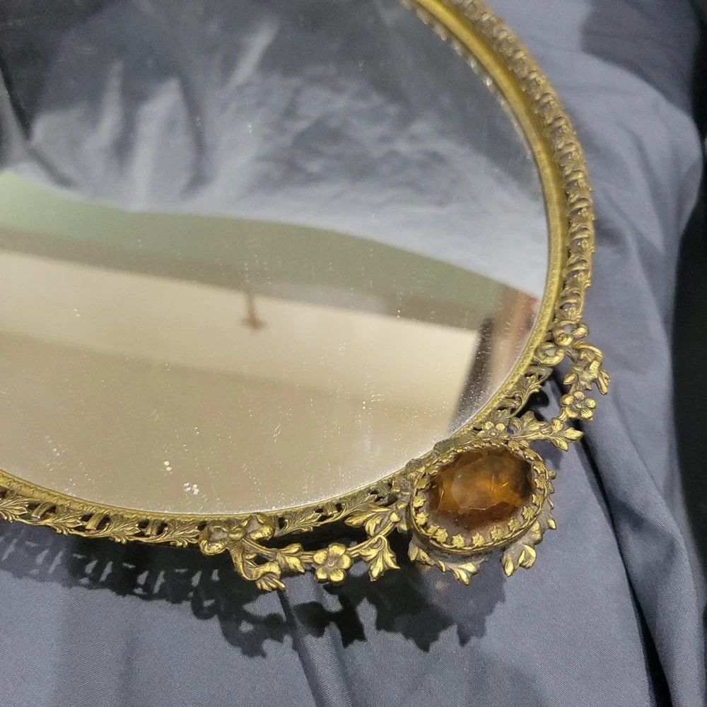 Vtg Matson MCM Gold Metal Vanity Tray Mirror Floral Roses Filigree Lace Amber